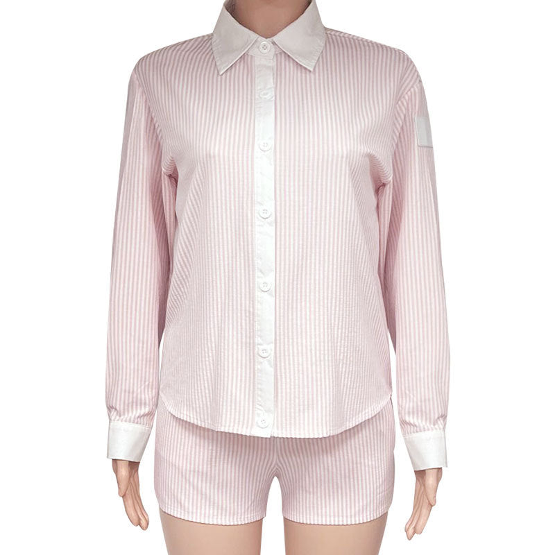 Striped Poplin Shirt And Shorts Set - Pink