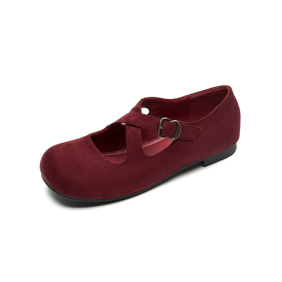 Suede Criss Cross Strap Mary Jane Flats - Burgundy