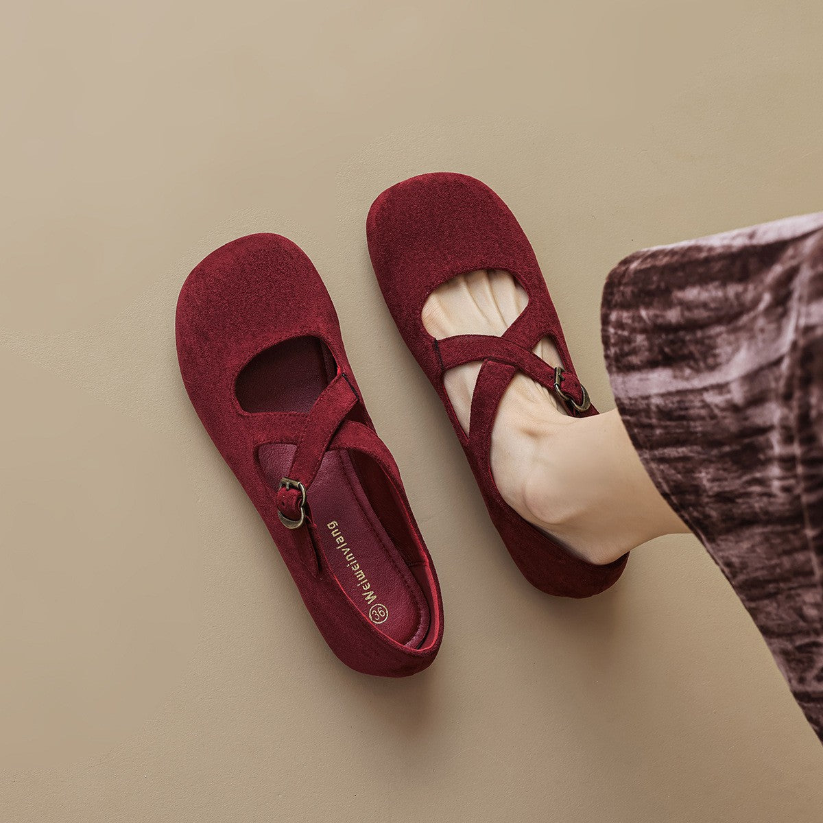 Suede Criss Cross Strap Mary Jane Flats