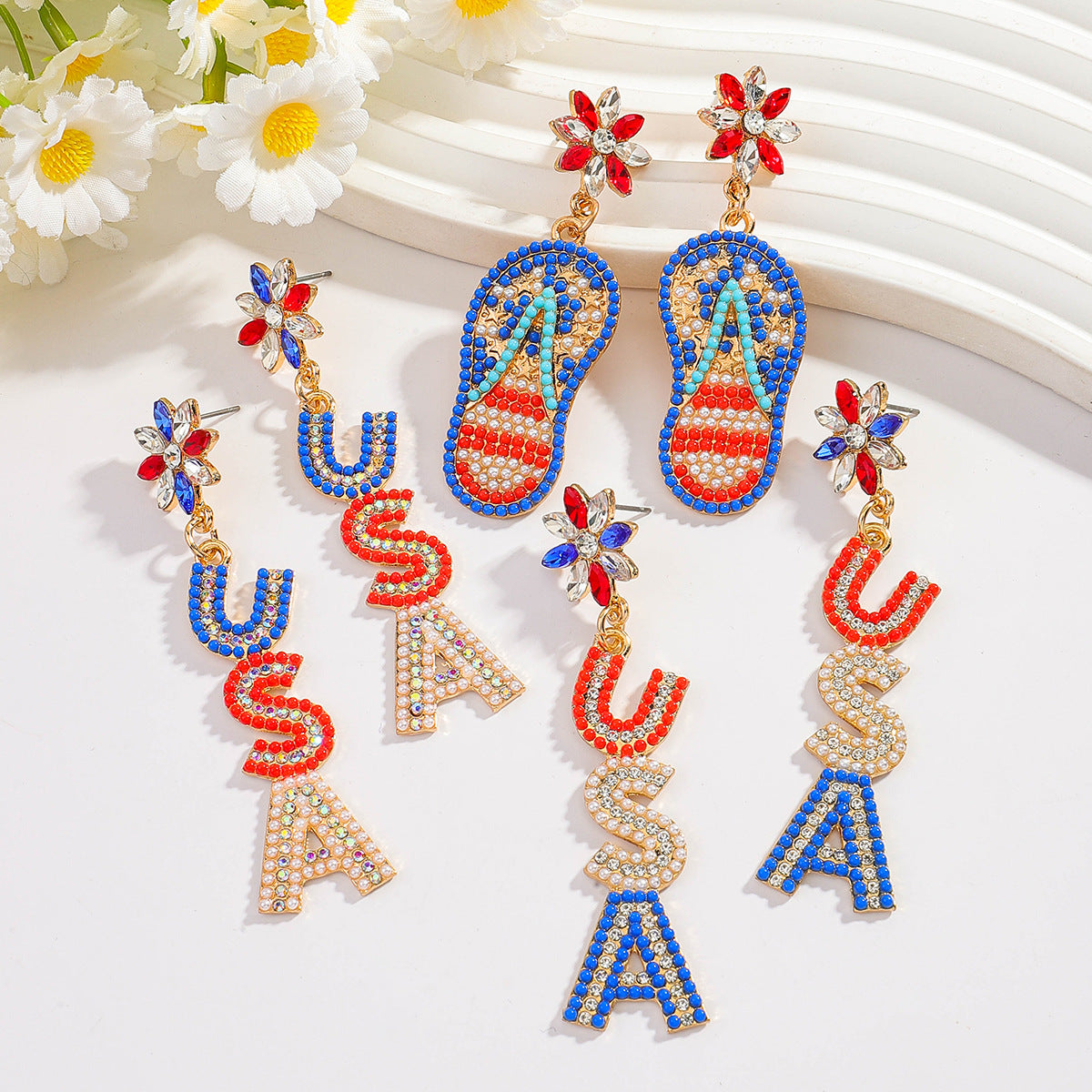 Beaded Flip Flop and Letter Drop Earrings - view 1
