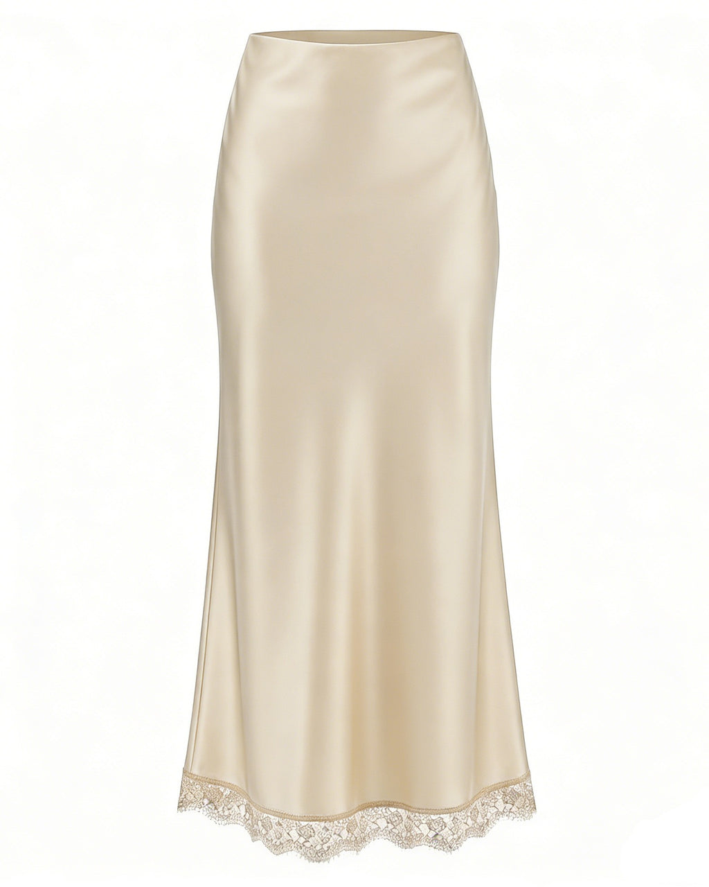 Bias Cut Satin Maxi Skirt With Lace Trim - A1