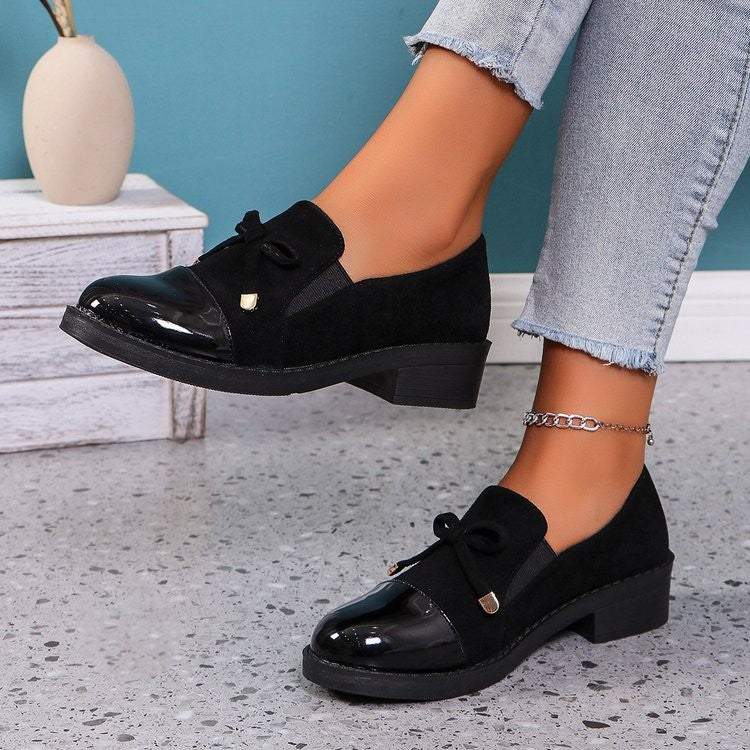 Patent Cap Toe Bow Block Heel Loafers - Black