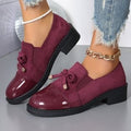 Patent Cap Toe Bow Block Heel Loafers - Burgundy