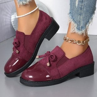 Patent Cap Toe Bow Block Heel Loafers - Burgundy