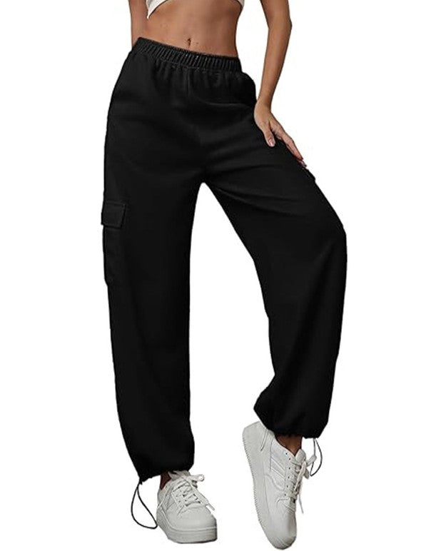 High Waist Cargo Pocket Jogger Pants - Black