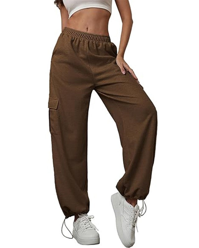 High Waist Cargo Pocket Jogger Pants - Coffee