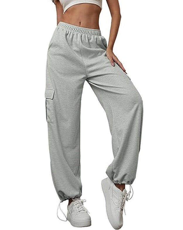 High Waist Cargo Pocket Jogger Pants - Gray