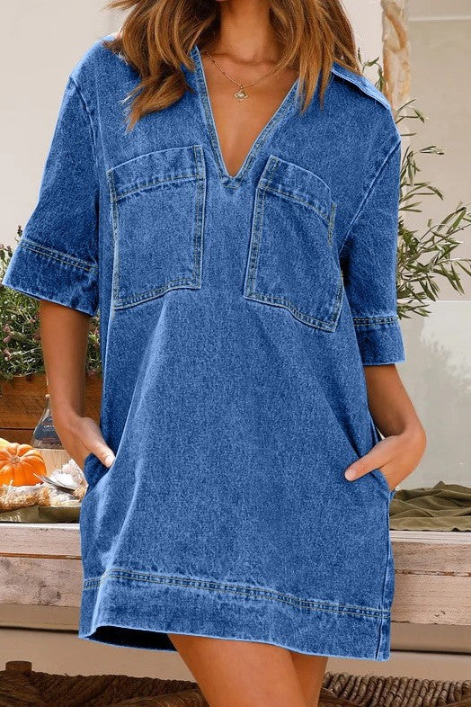 Oversized Collared Denim Shirt Mini Dress - Blue