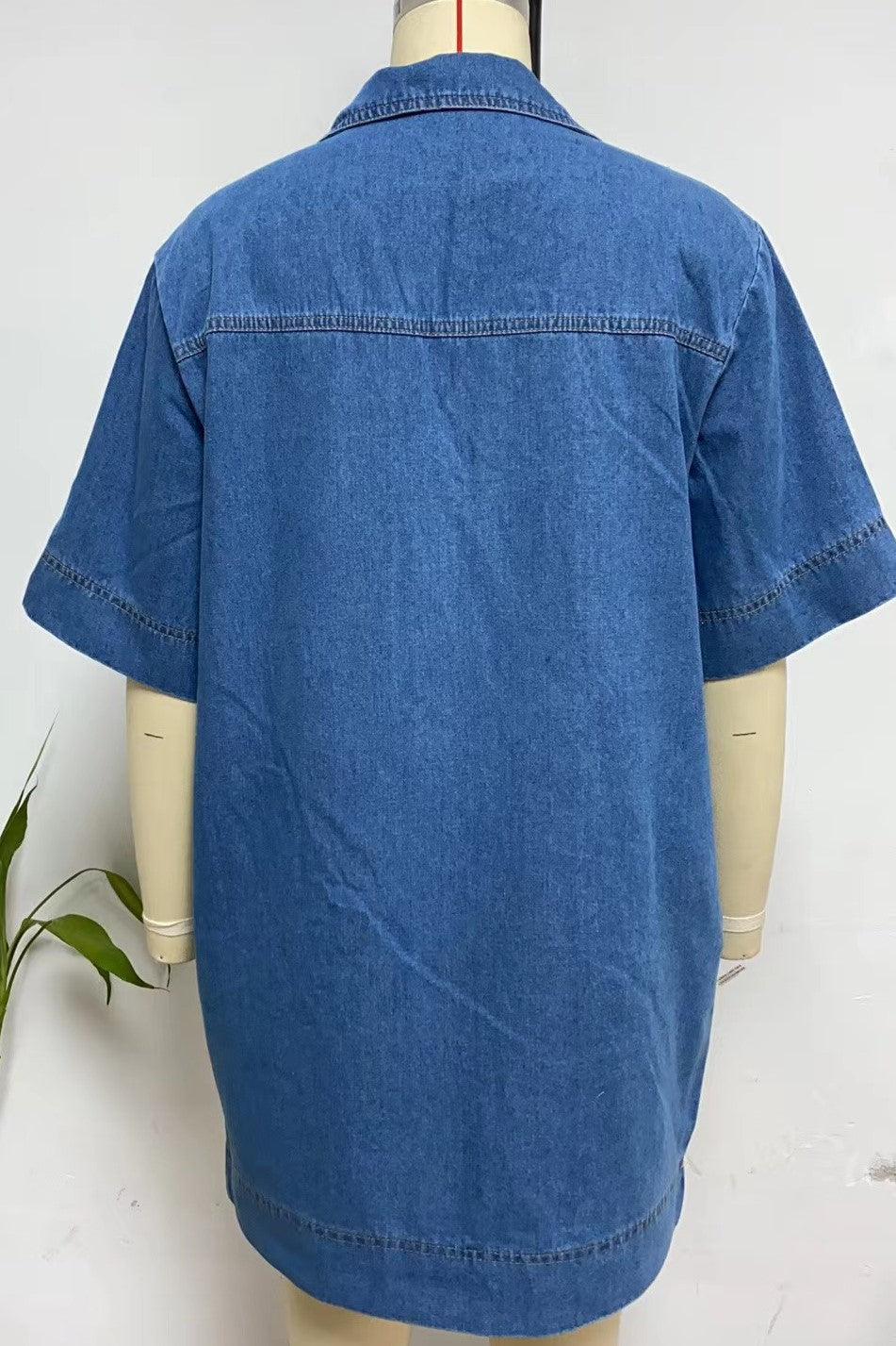 Oversized Collared Denim Shirt Mini Dress - Blue - 10
