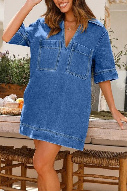 Oversized Collared Denim Shirt Mini Dress - Blue - 7