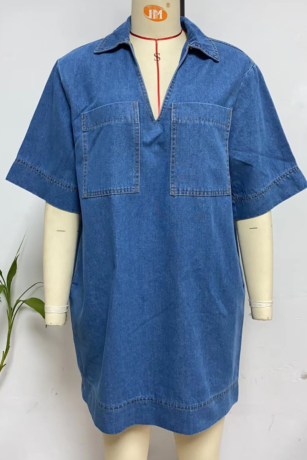 Oversized Collared Denim Shirt Mini Dress - Blue - 9