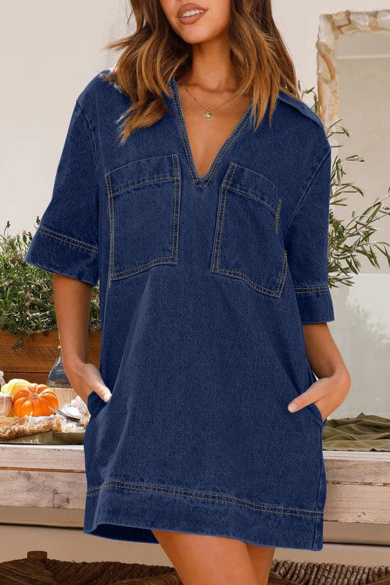 Oversized Collared Denim Shirt Mini Dress - Dark Blue