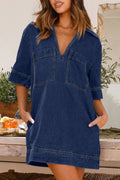 Oversized Collared Denim Shirt Mini Dress - Dark Blue