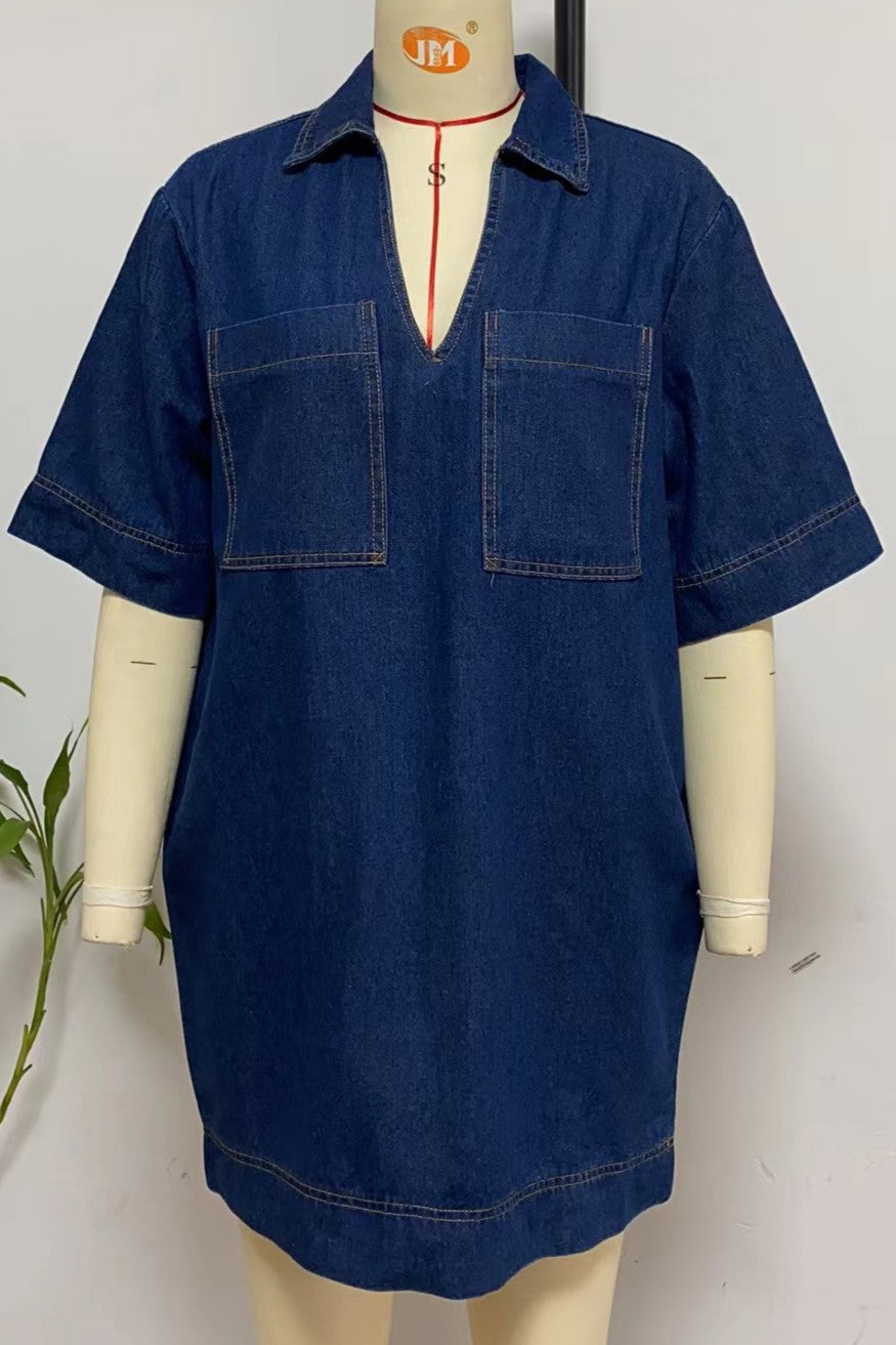 Oversized Collared Denim Shirt Mini Dress - Dark Blue - 7