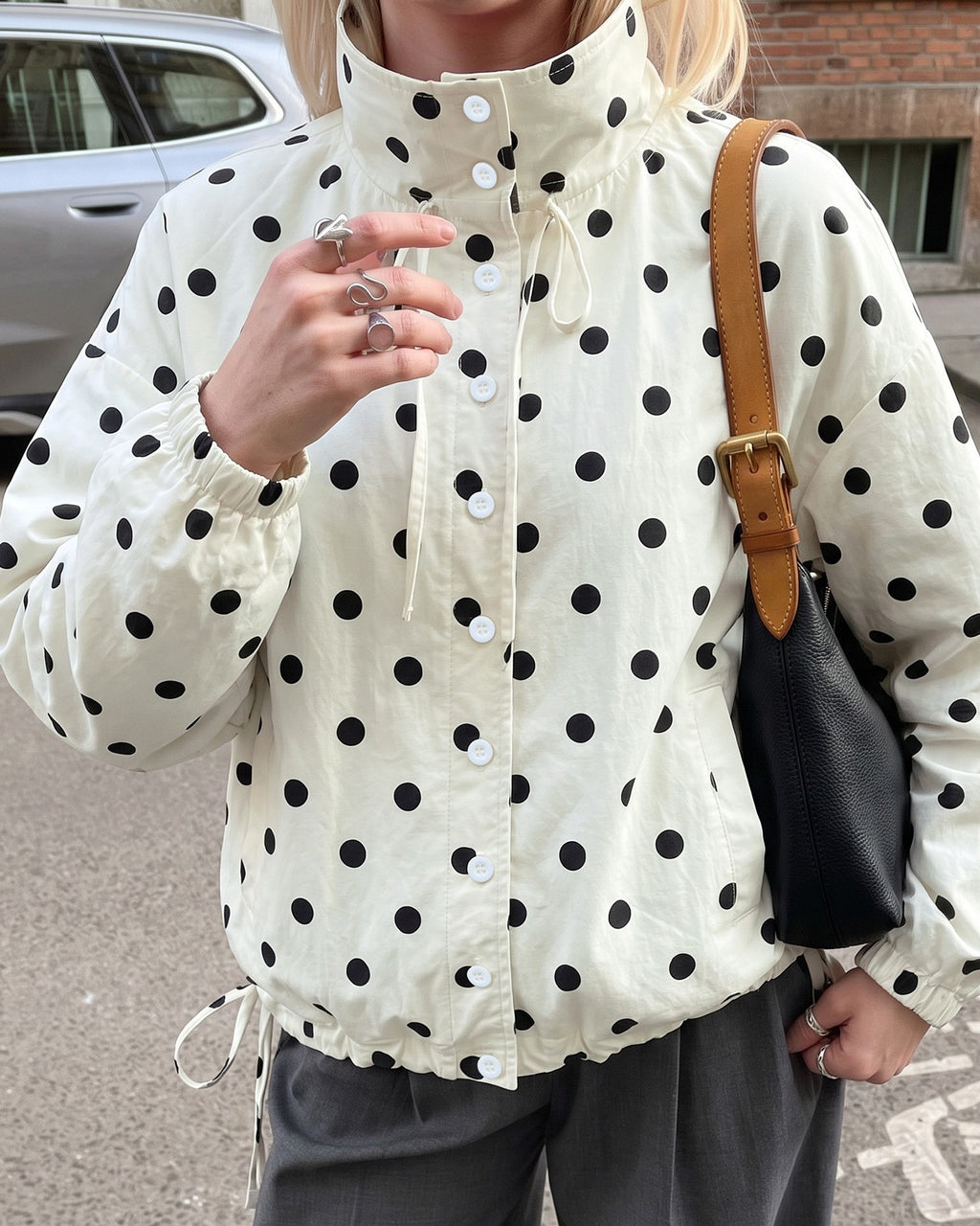 Polka Dot Lightweight Jacket With Drawstring Hem - Apricot