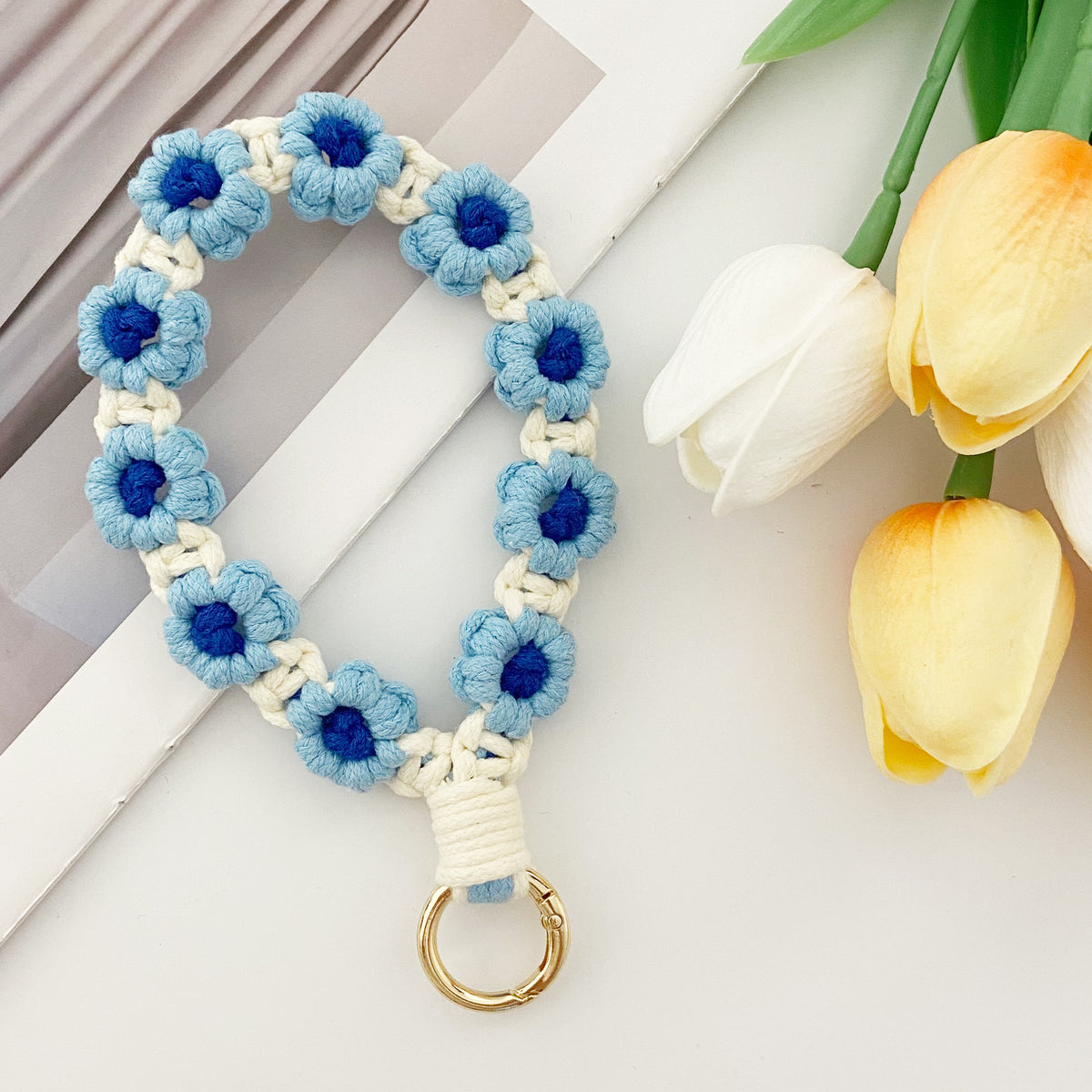 Crochet Daisy Flower Phone Wrist Strap - Light-Blue