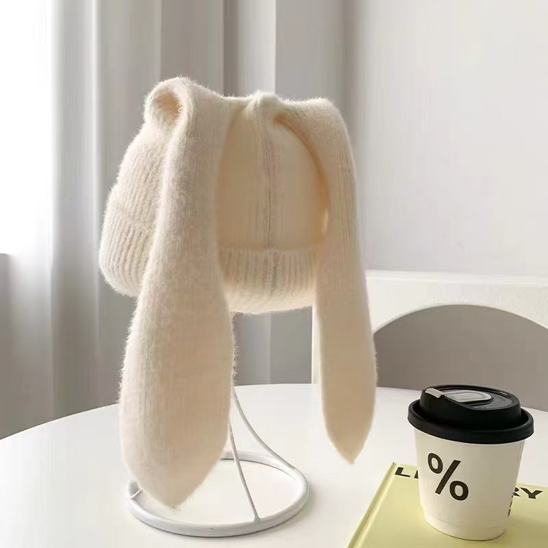 Floppy Rabbit Ear Knit Beanie Playful Winter Hat - Beige