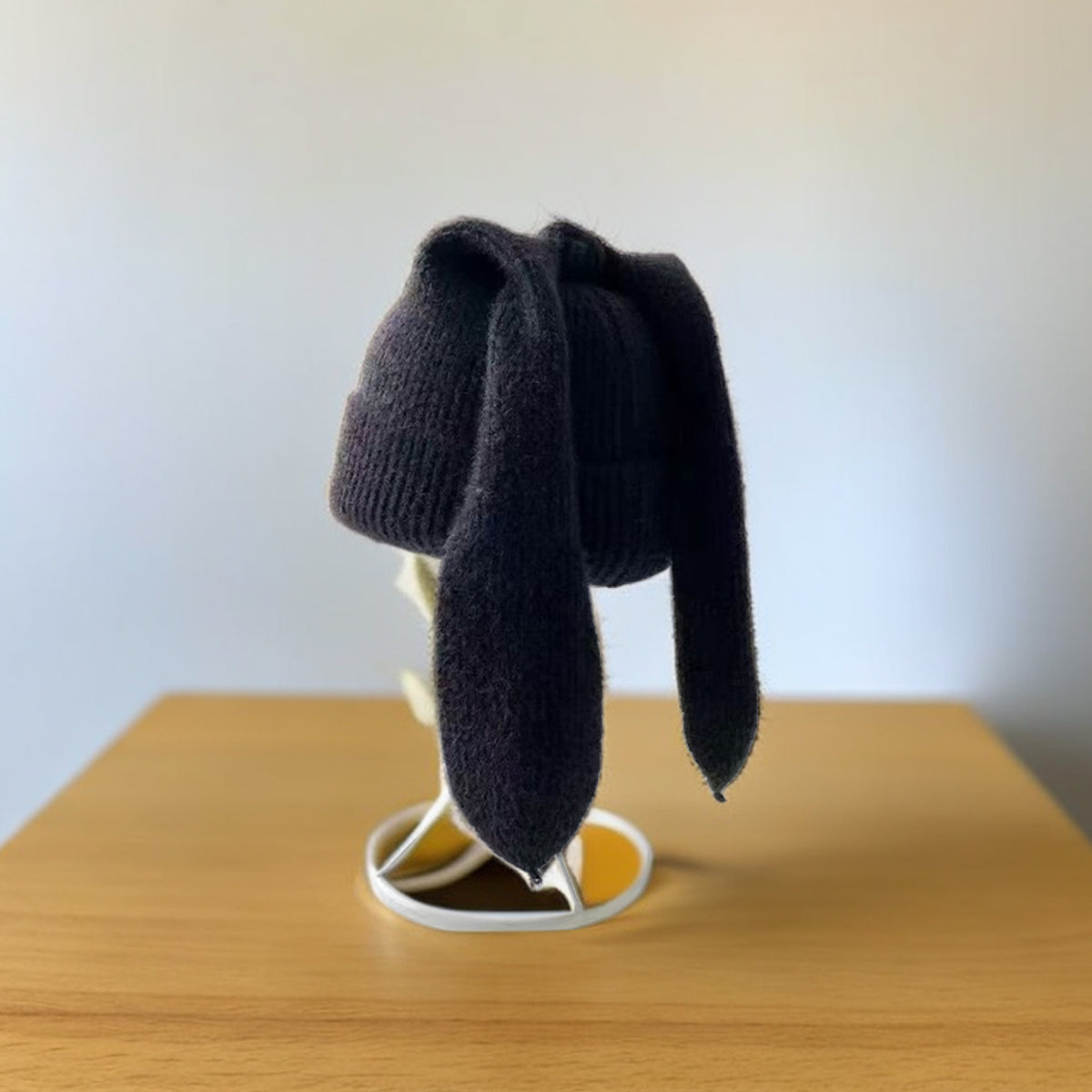 Floppy Rabbit Ear Knit Beanie Playful Winter Hat - Black