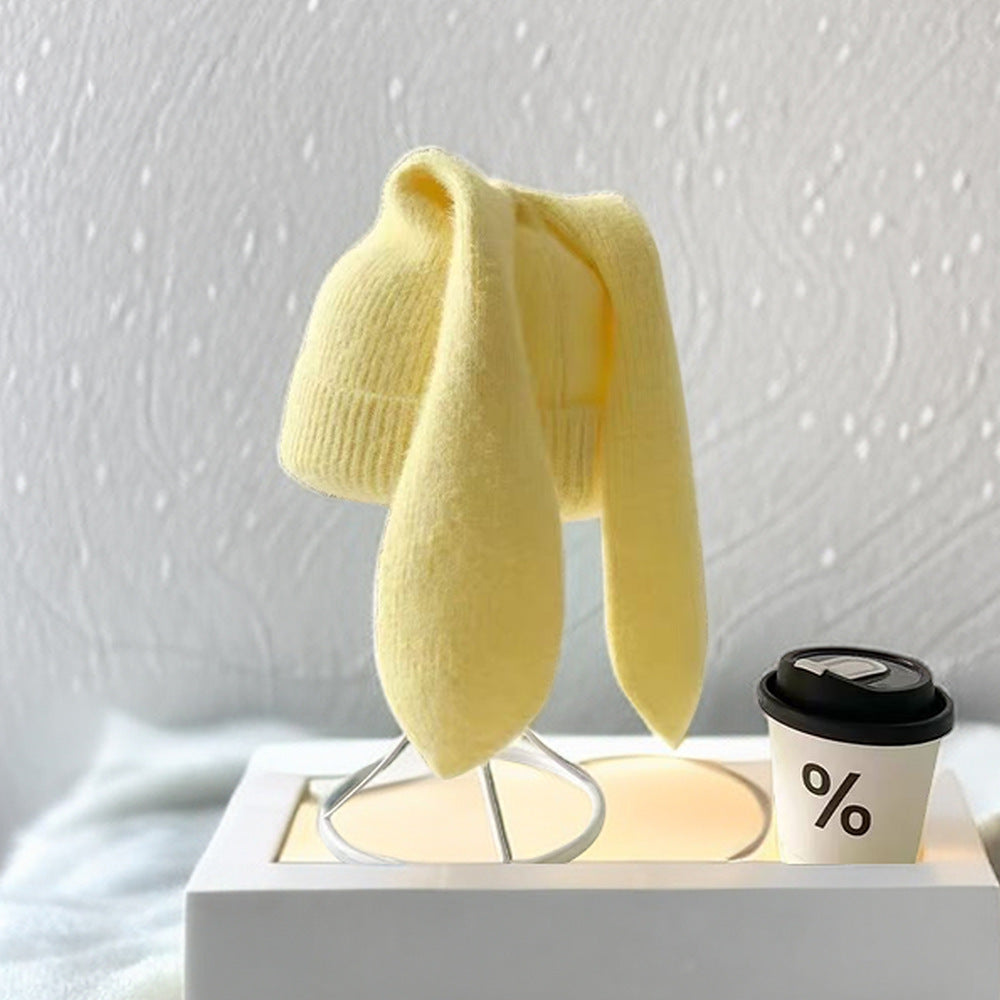 Floppy Rabbit Ear Knit Beanie Playful Winter Hat - Lemon