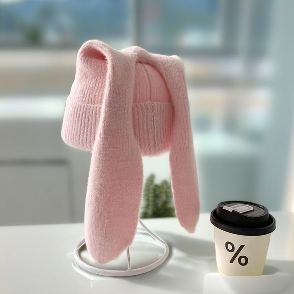 Floppy Rabbit Ear Knit Beanie Playful Winter Hat - Pink
