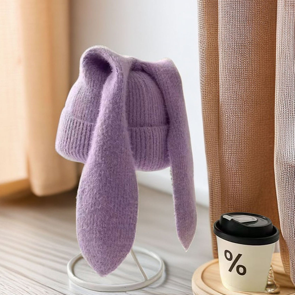 Floppy Rabbit Ear Knit Beanie Playful Winter Hat - Purple