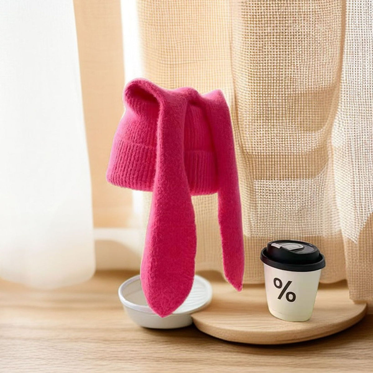 Floppy Rabbit Ear Knit Beanie Playful Winter Hat - Rose_Red