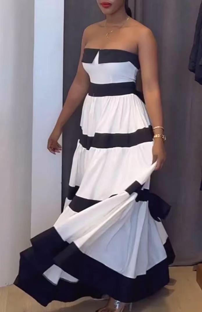 Strapless Tiered Colorblock Maxi Dress - White - 2