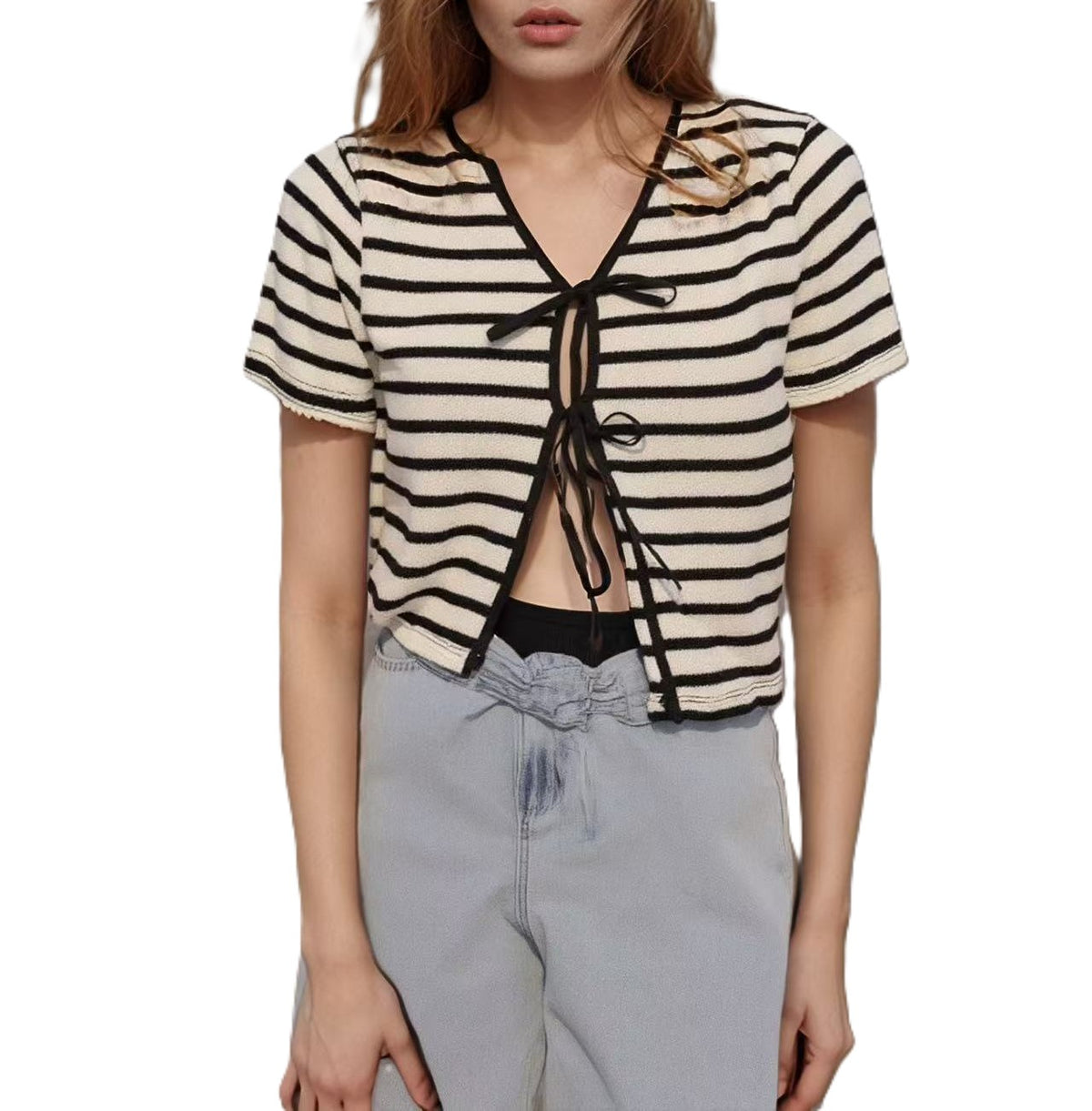 Striped Bow Tie Front Cropped Tee - Apricot