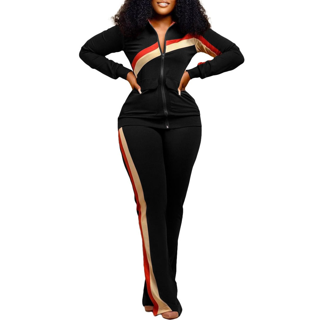 Contrast Stripe Zip Jacket and Flare Pants Athletic Set - Black