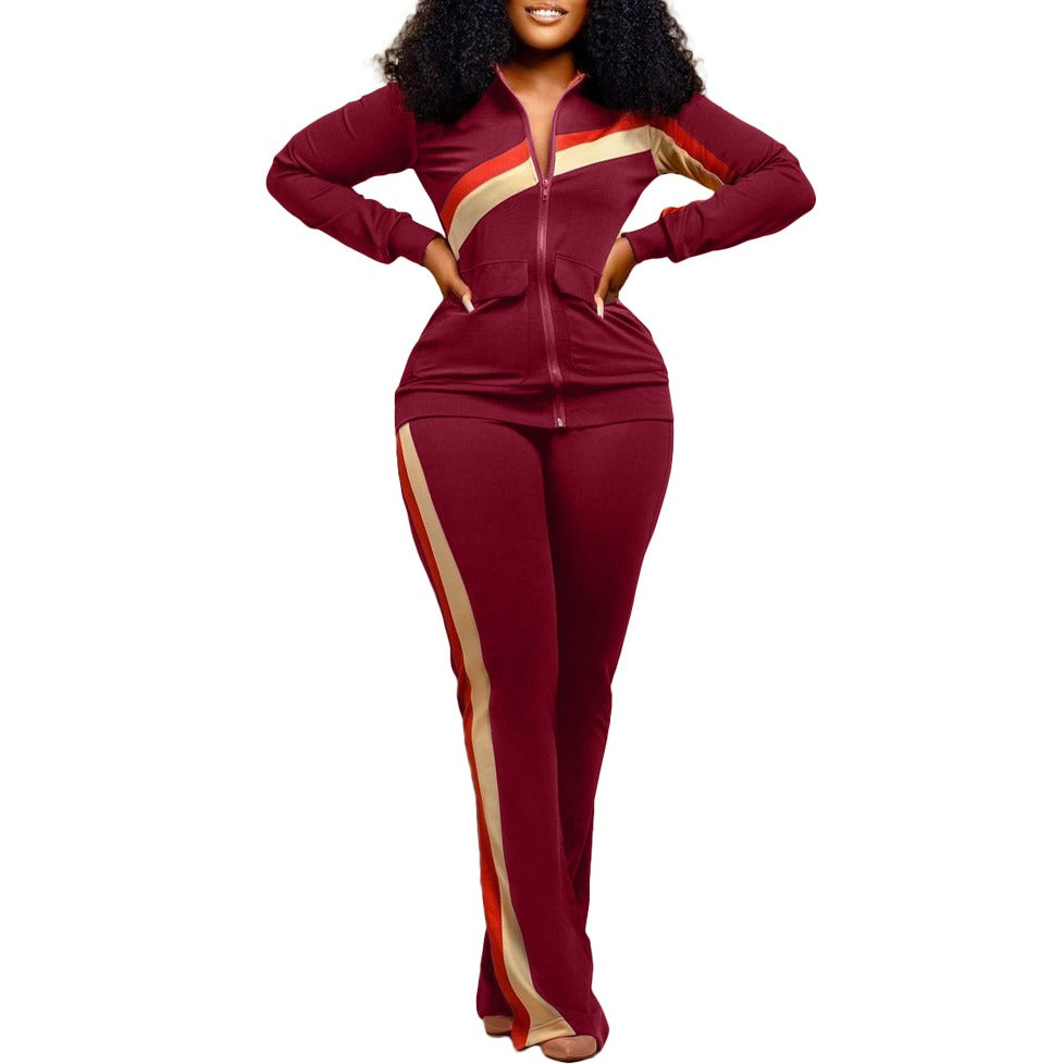 Contrast Stripe Zip Jacket and Flare Pants Athletic Set - Burgundy