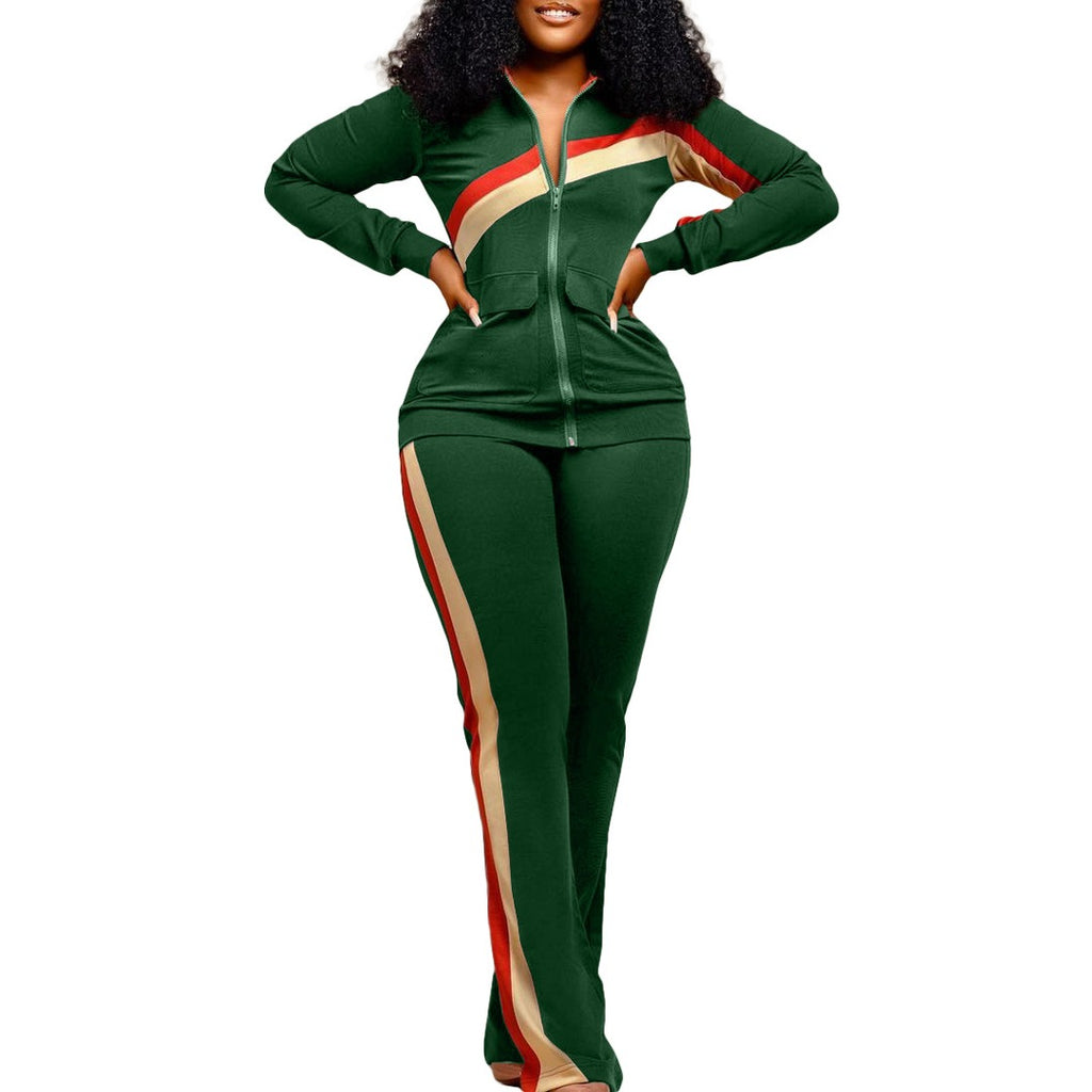 Contrast Stripe Zip Jacket and Flare Pants Athletic Set - Forest Green