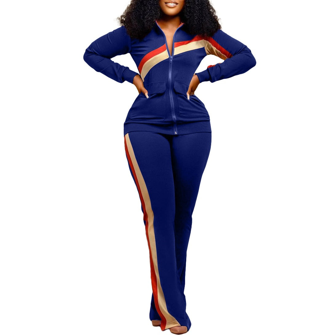 Contrast Stripe Zip Jacket and Flare Pants Athletic Set - Navy