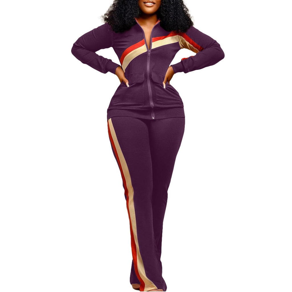 Contrast Stripe Zip Jacket and Flare Pants Athletic Set - Purple