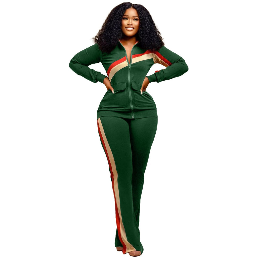 Contrast Stripe Zip Jacket and Flare Pants Athletic Set