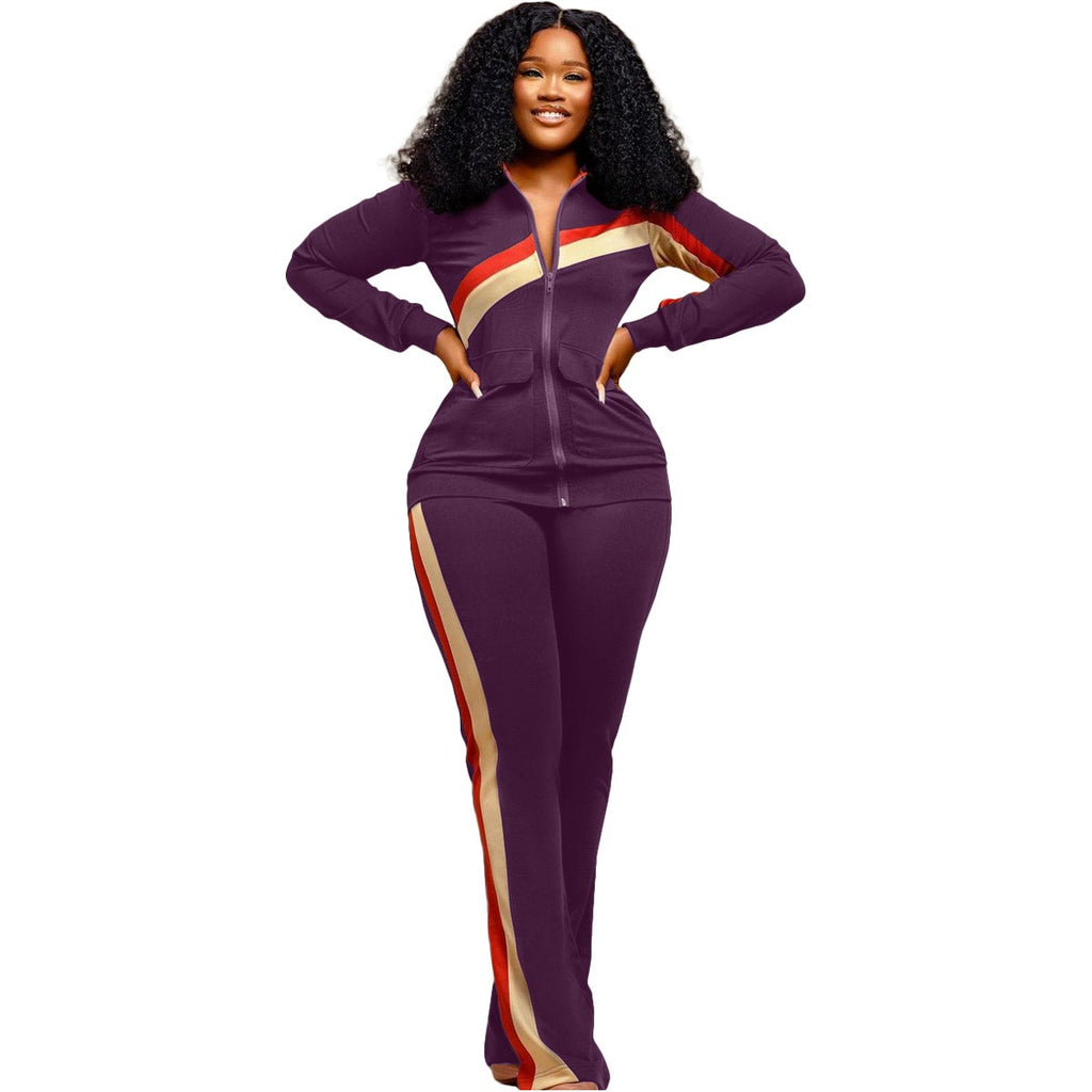 Contrast Stripe Zip Jacket and Flare Pants Athletic Set