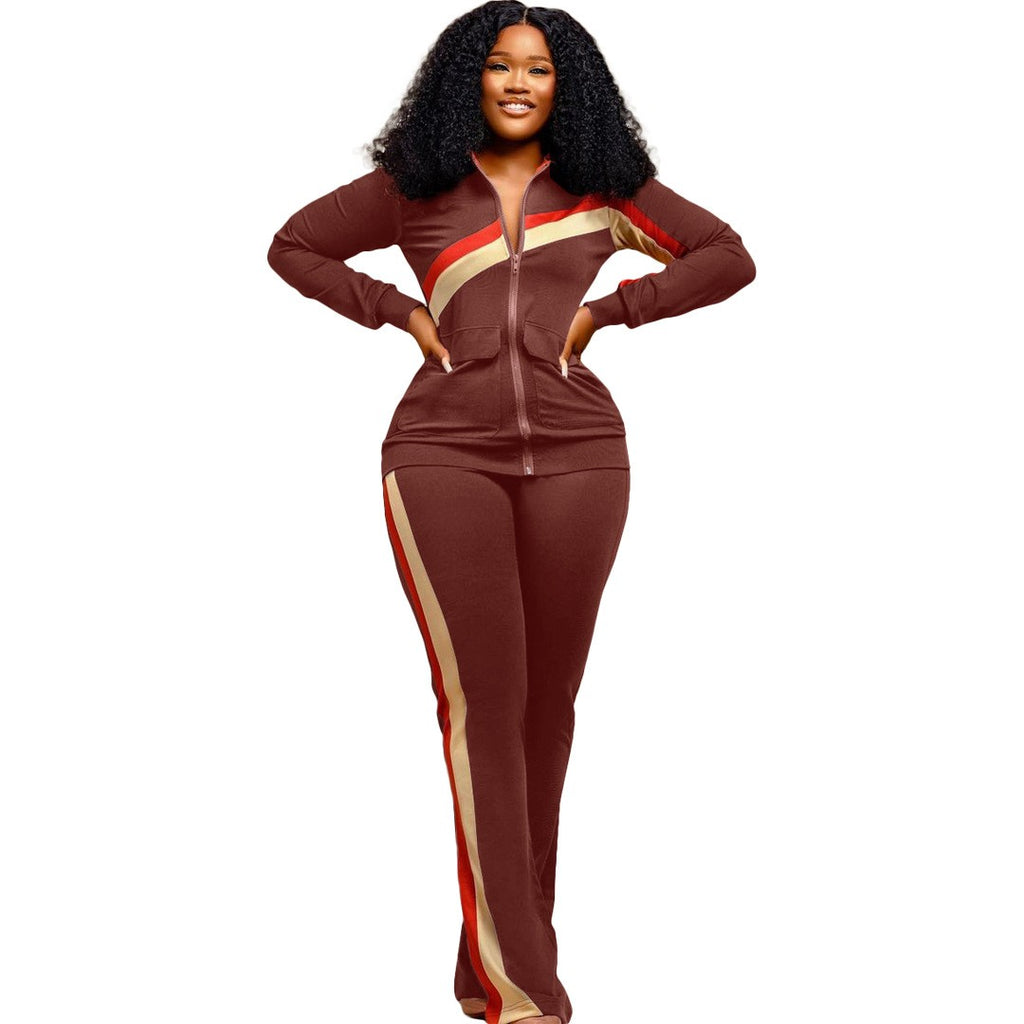 Contrast Stripe Zip Jacket and Flare Pants Athletic Set