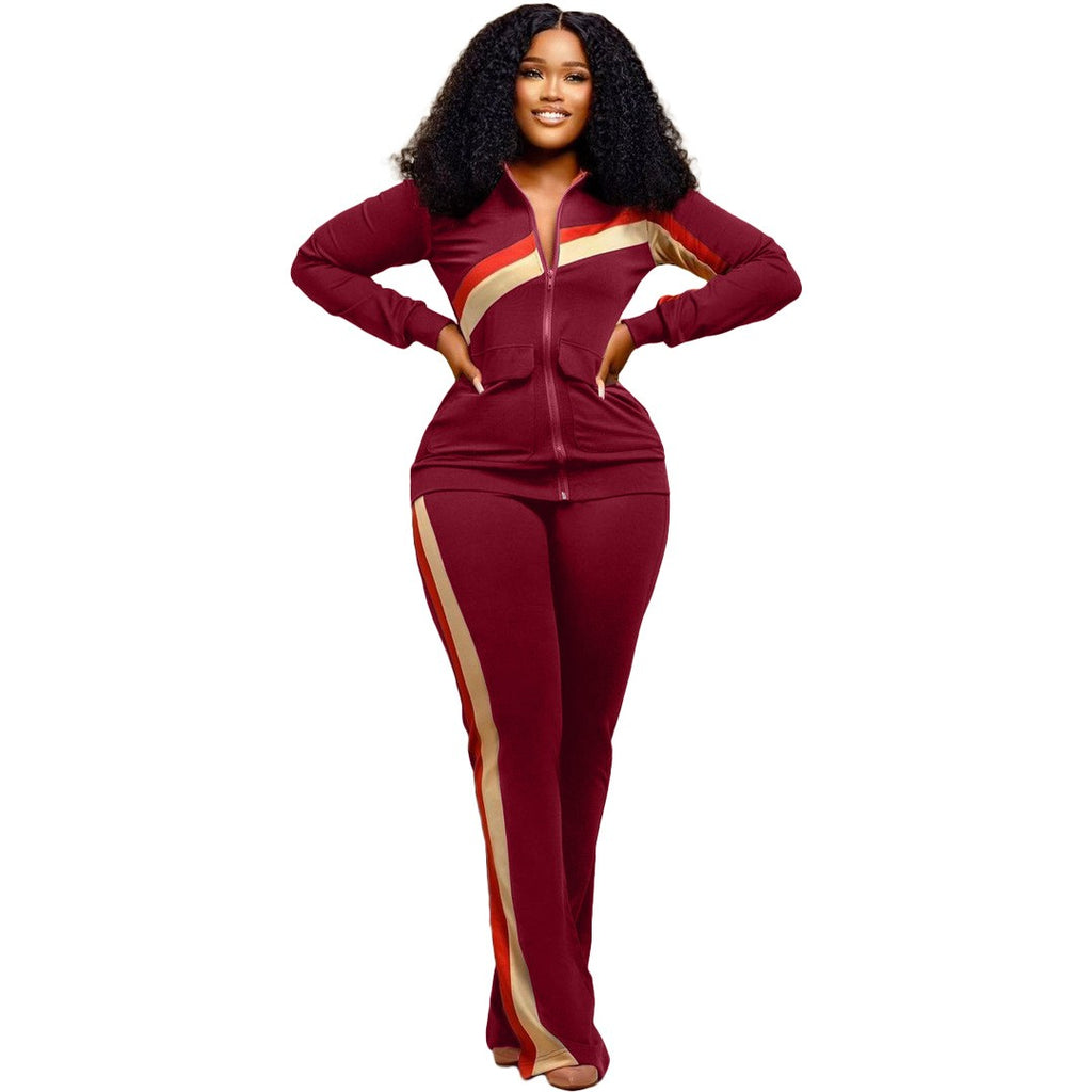 Contrast Stripe Zip Jacket and Flare Pants Athletic Set