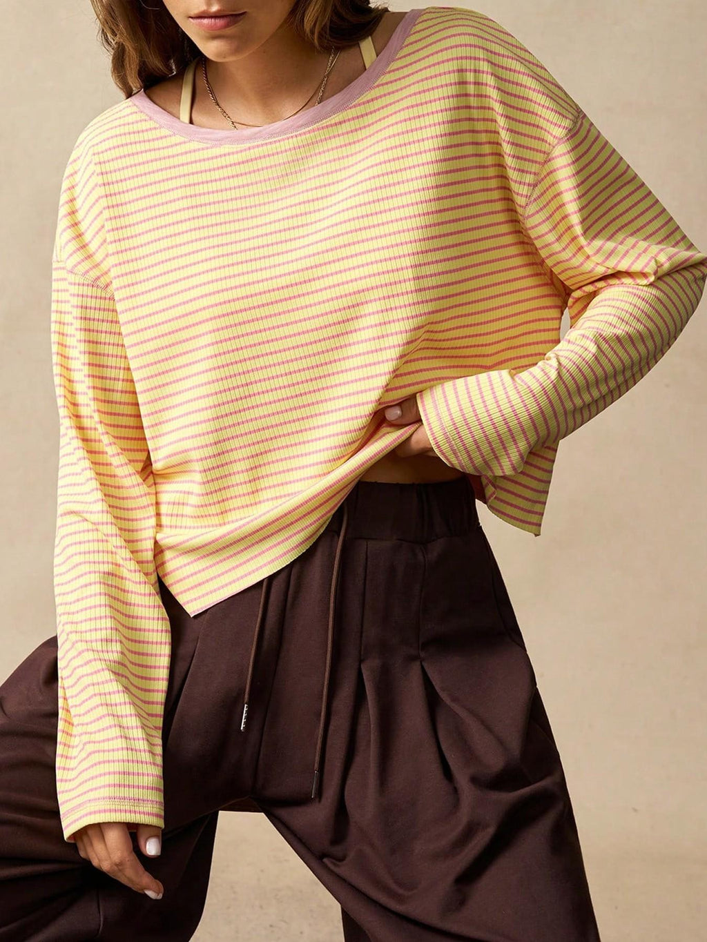 Yellow Striped Ribbed Open Back Boxy Long Sleeve Tee - Yellow