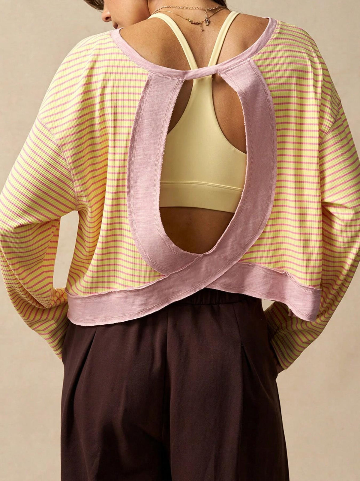 Yellow Striped Ribbed Open Back Boxy Long Sleeve Tee - Yellow - 1