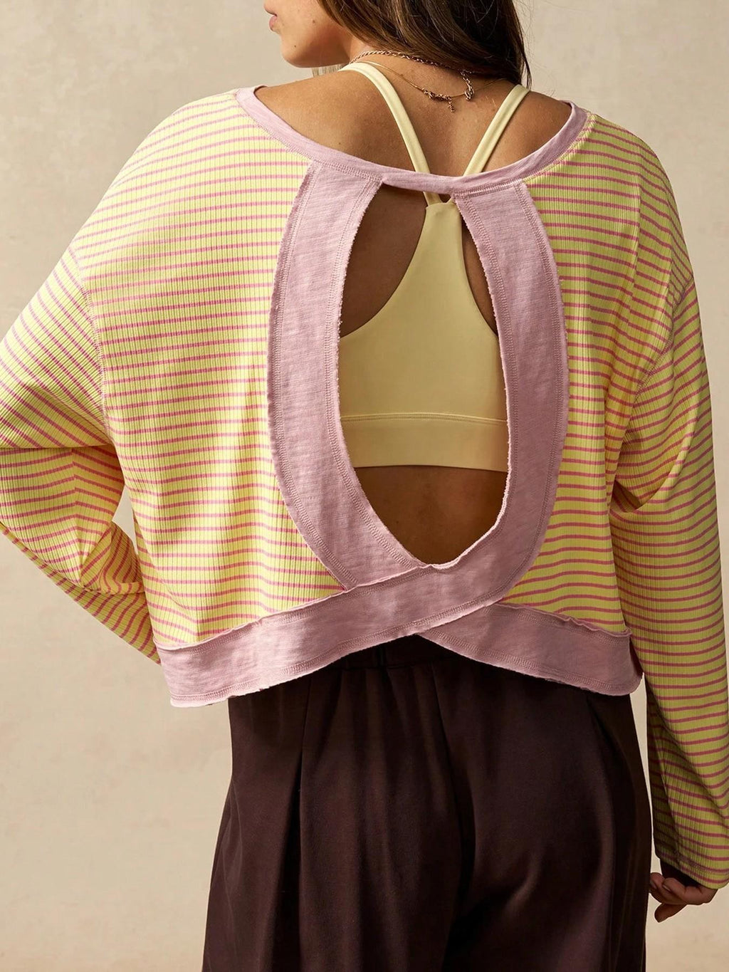 Yellow Striped Ribbed Open Back Boxy Long Sleeve Tee - Yellow - 2