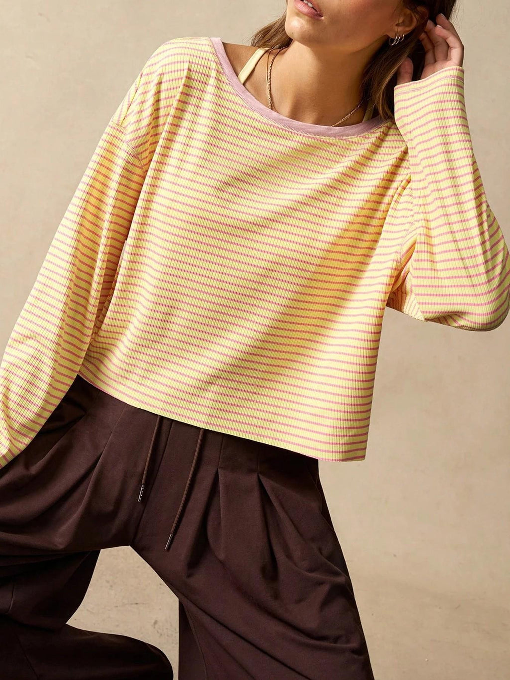 Yellow Striped Ribbed Open Back Boxy Long Sleeve Tee - Yellow - 3