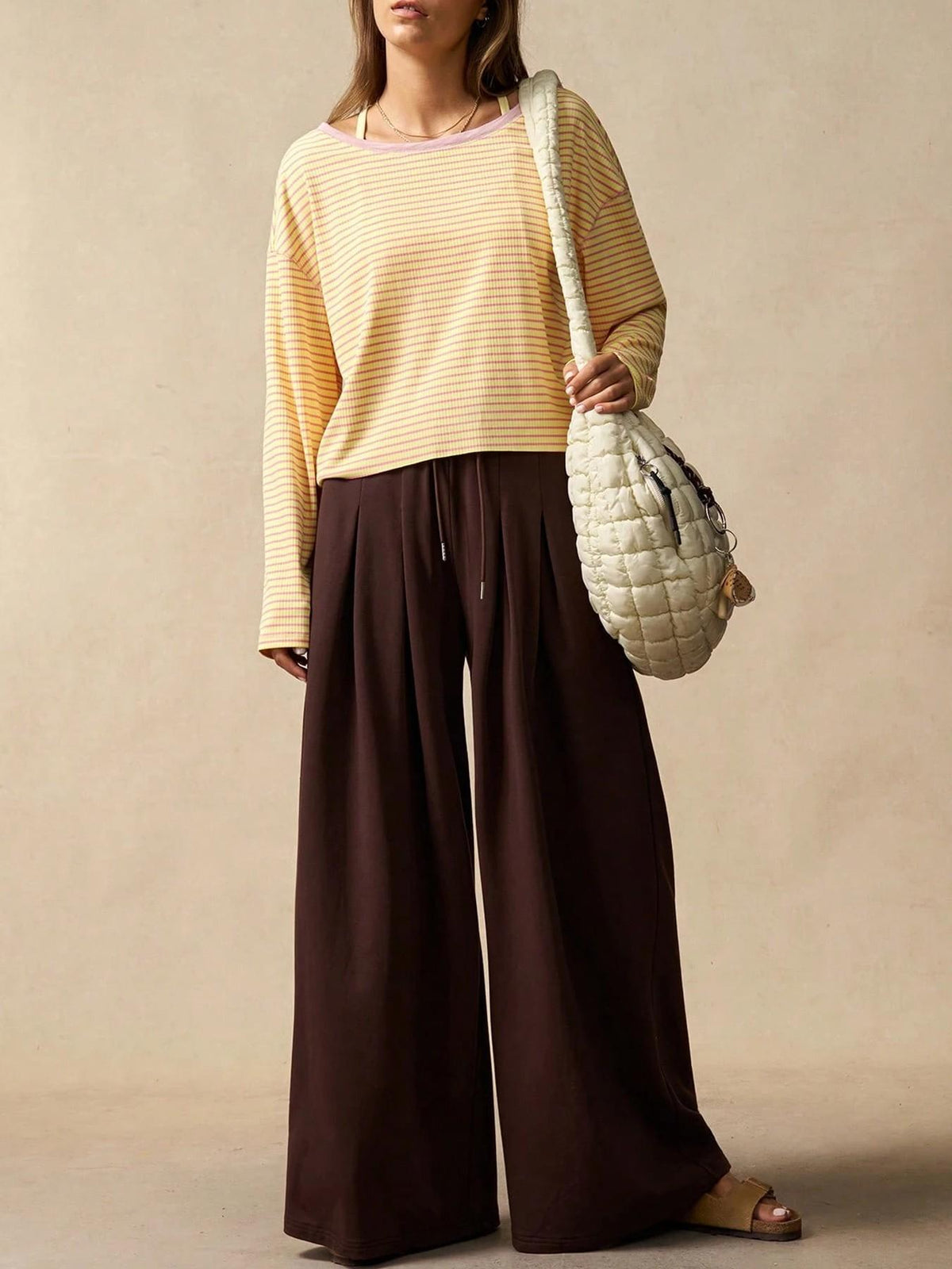 Yellow Striped Ribbed Open Back Boxy Long Sleeve Tee - Yellow - 4