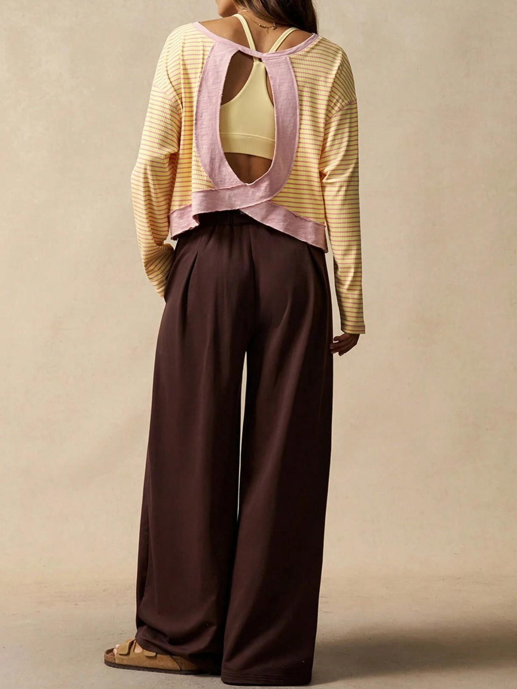 Yellow Striped Ribbed Open Back Boxy Long Sleeve Tee - Yellow - 5