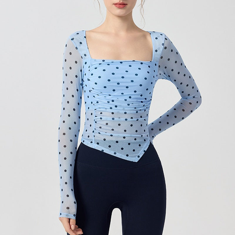Asymmetric Hem Ruched Mesh Long Sleeve Yoga Top