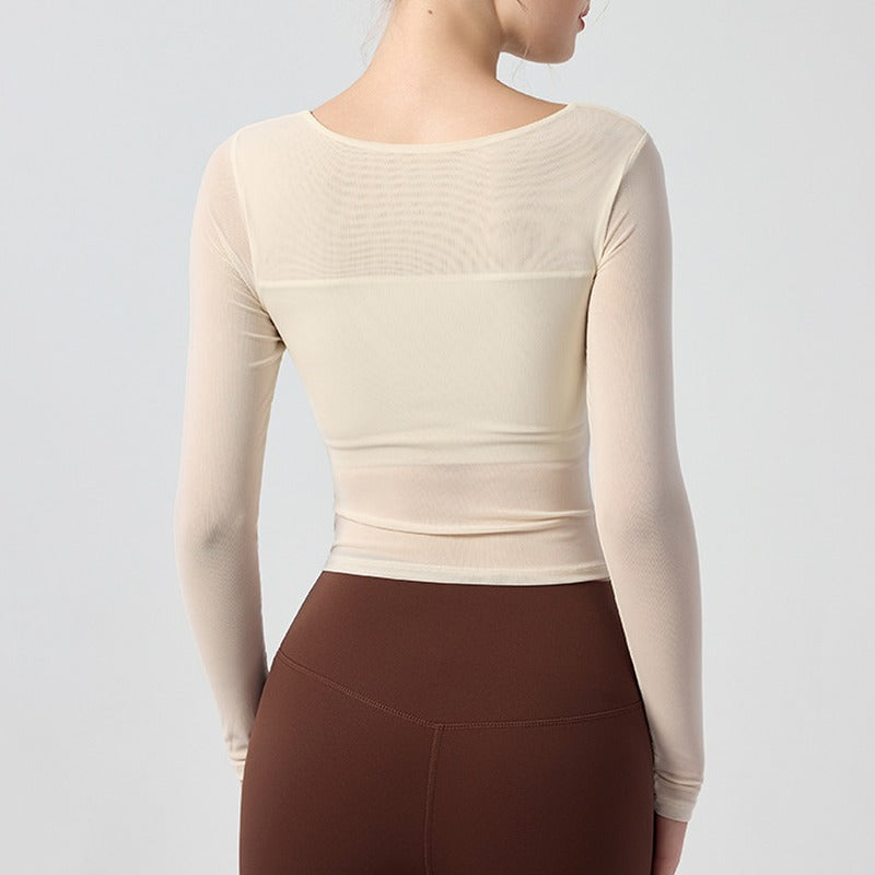 Asymmetric Hem Ruched Mesh Long Sleeve Yoga Top
