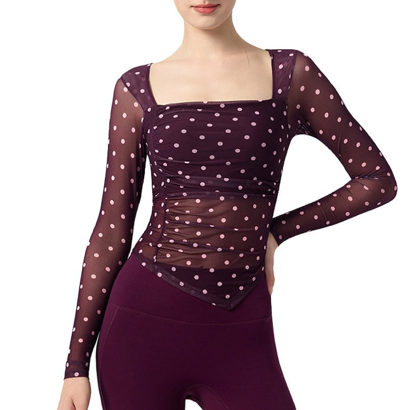 Asymmetric Hem Ruched Mesh Long Sleeve Yoga Top