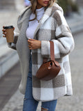 Hooded Check Teddy Fleece Midi Coat - Grey