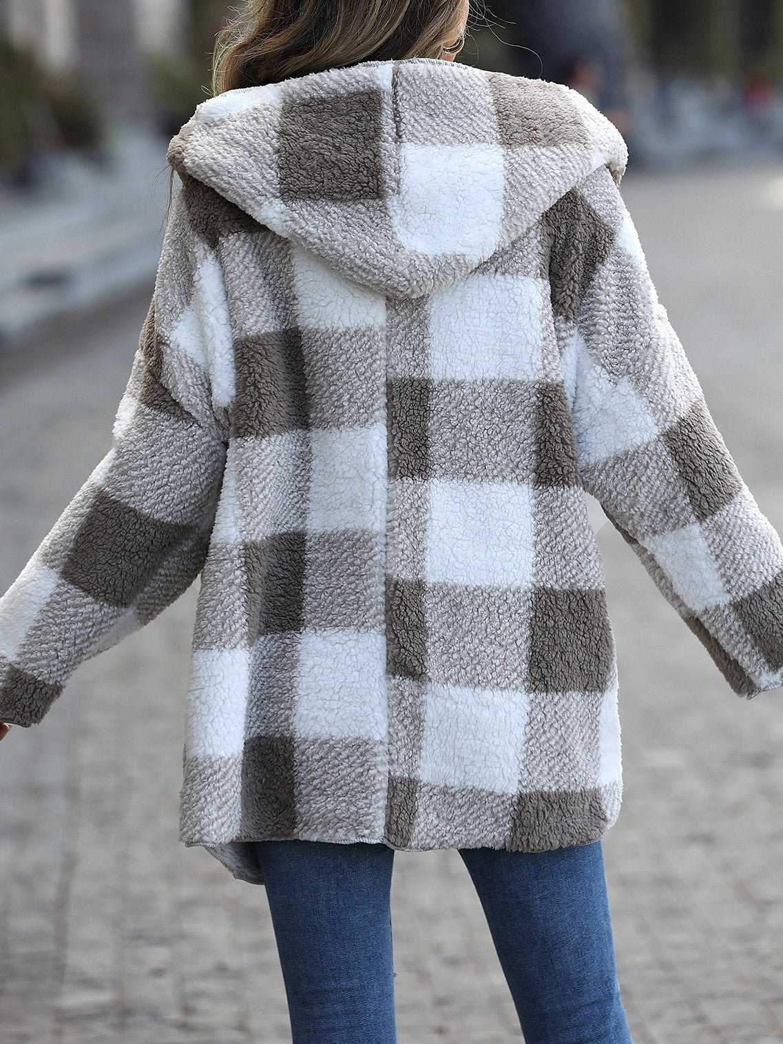 Hooded Check Teddy Fleece Midi Coat - Grey - 1