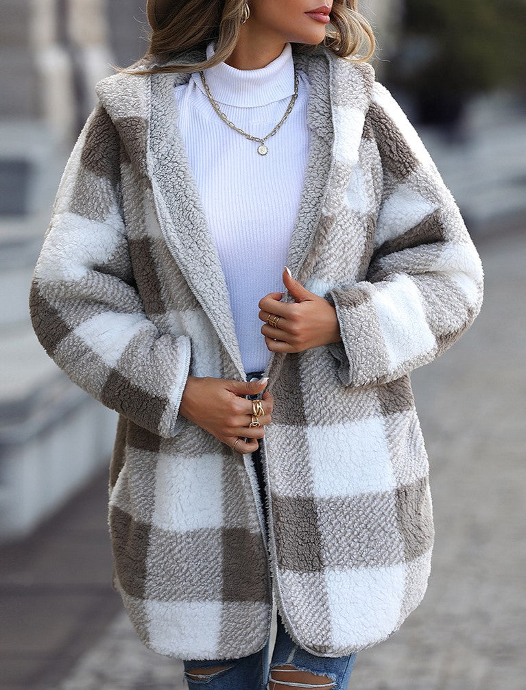 Hooded Check Teddy Fleece Midi Coat - Grey - 2