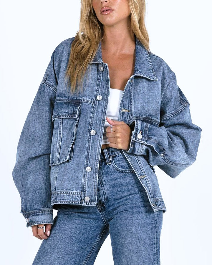 Slouchy Washed Denim Jacket With Flap Pockets - Blue - 1